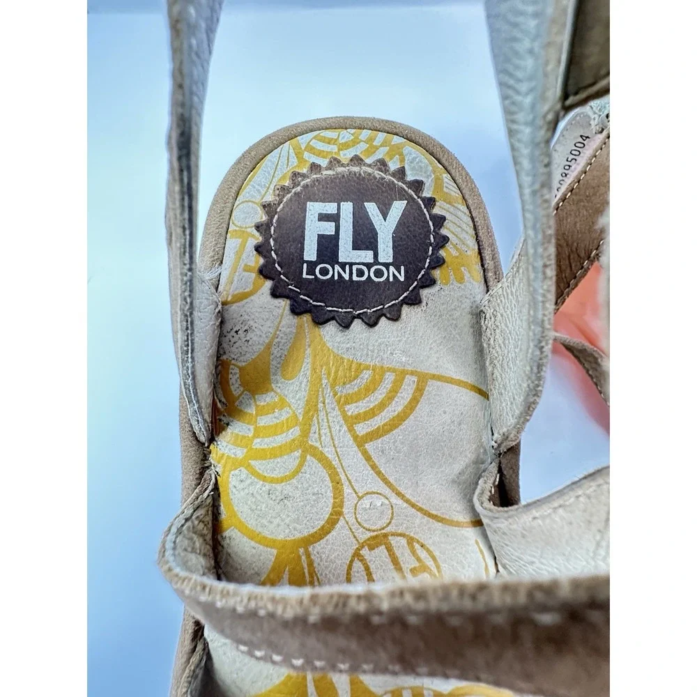 Fly London Yeba Tan Leather Strappy Wedge Sandals Womens EU 38 US 7.5-8 Comfort